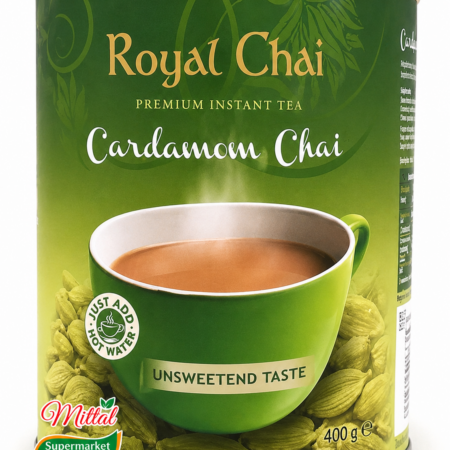 Royal Chai Elaichi Tub Unsweetened 400g premium instant thee in blikverpakking op witte achtergrond | Mittal Supermarkt