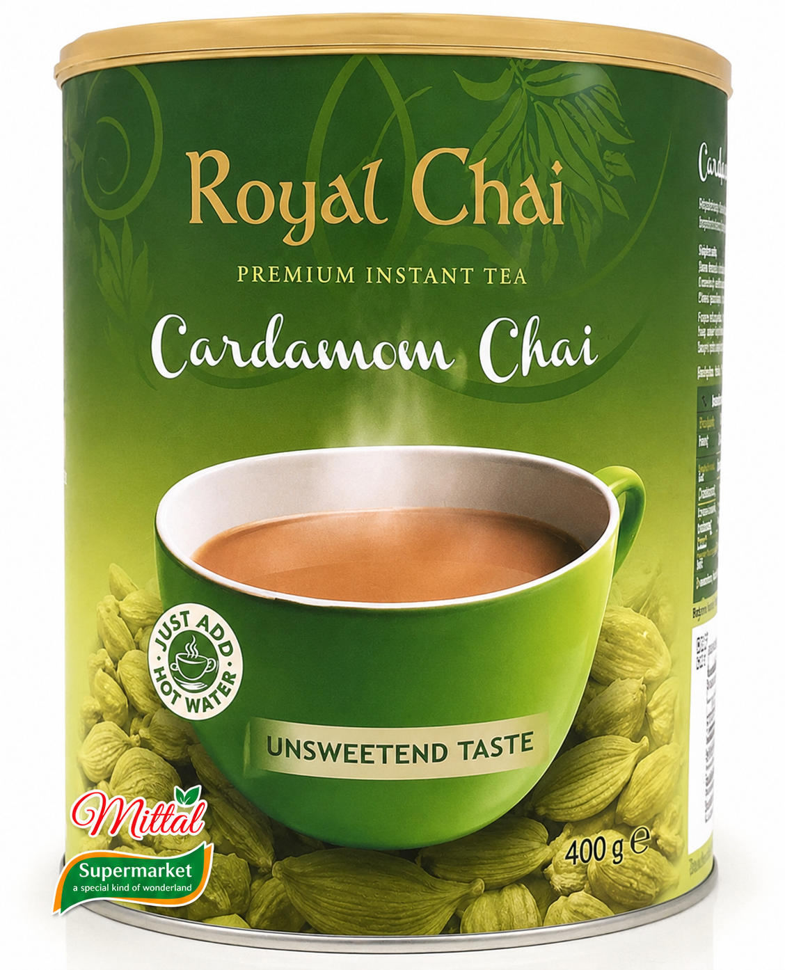 Royal Chai Elaichi Unsweetened Tub 400g, Kardemom Chai Pot