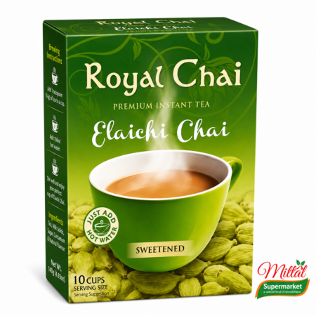 Royal Chai Elaichi Chai Sweetened instant thee 140g verpakking op witte achtergrond | Mittal Supermarkt