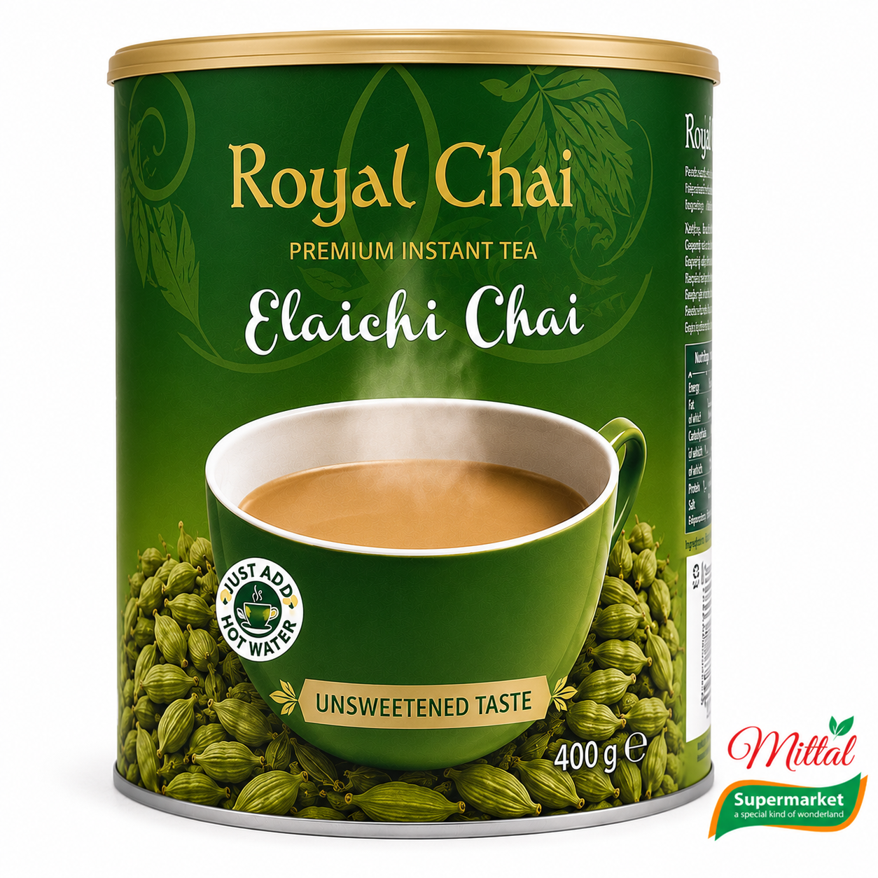 Royal Chai Elaichi Unsweetened Tub 400g, Kardemom Chai Pot