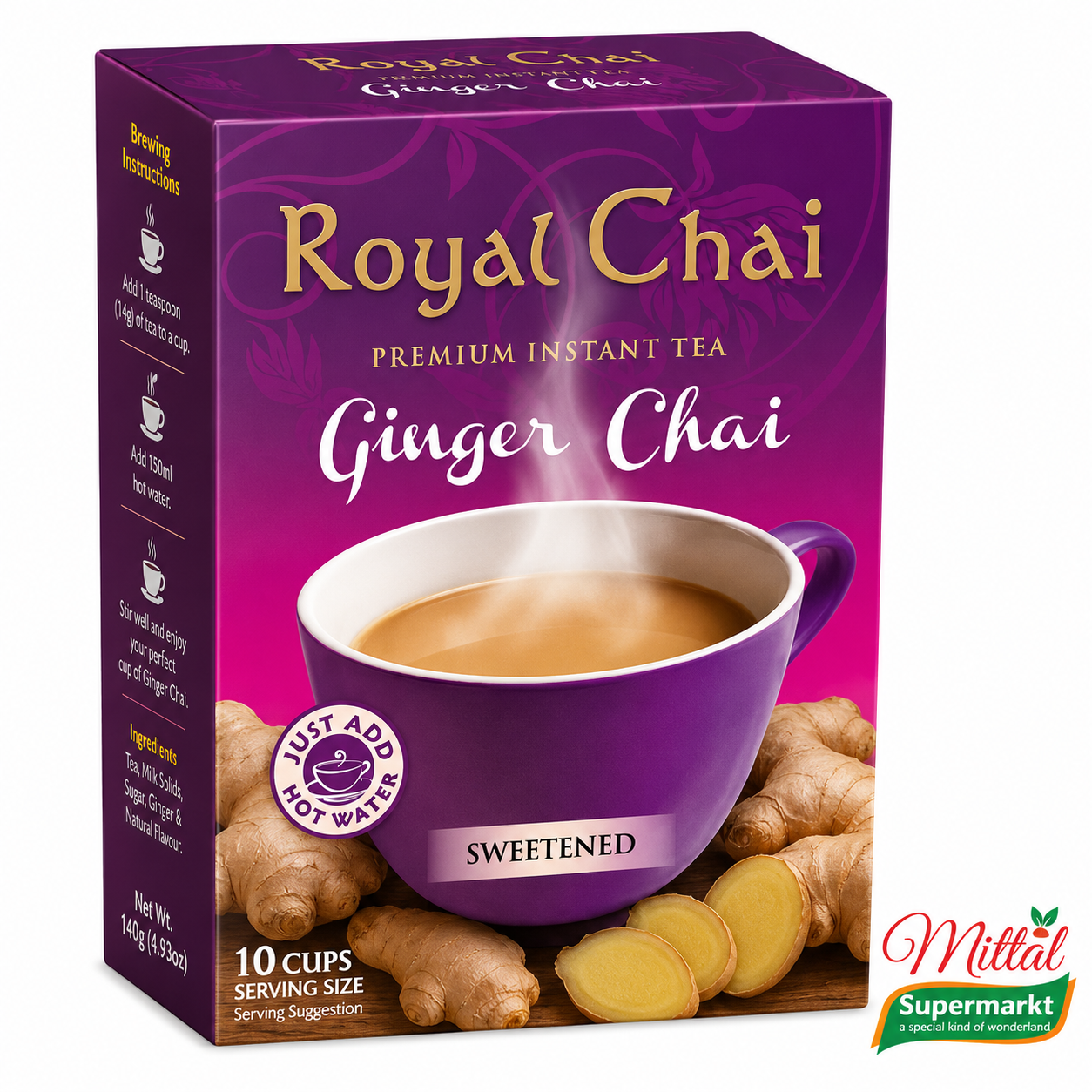Royal Chai Ginger Sweetened, Instant Gember Chai 10 Sachets