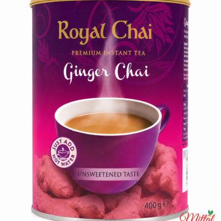 Royal Chai Ginger Chai Unsweetened 400g instant thee in blikverpakking op witte achtergrond | Mittal Supermarkt