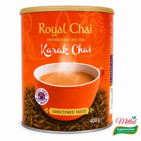 Royal Chai Karak Tub Sweetened 400g premium instant thee in blikverpakking op witte achtergrond | Mittal Supermarkt
