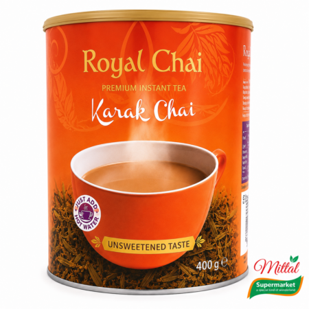Royal Chai Karak Tub Unsweetened 400g premium instant thee in blikverpakking op witte achtergrond | Mittal Supermarkt