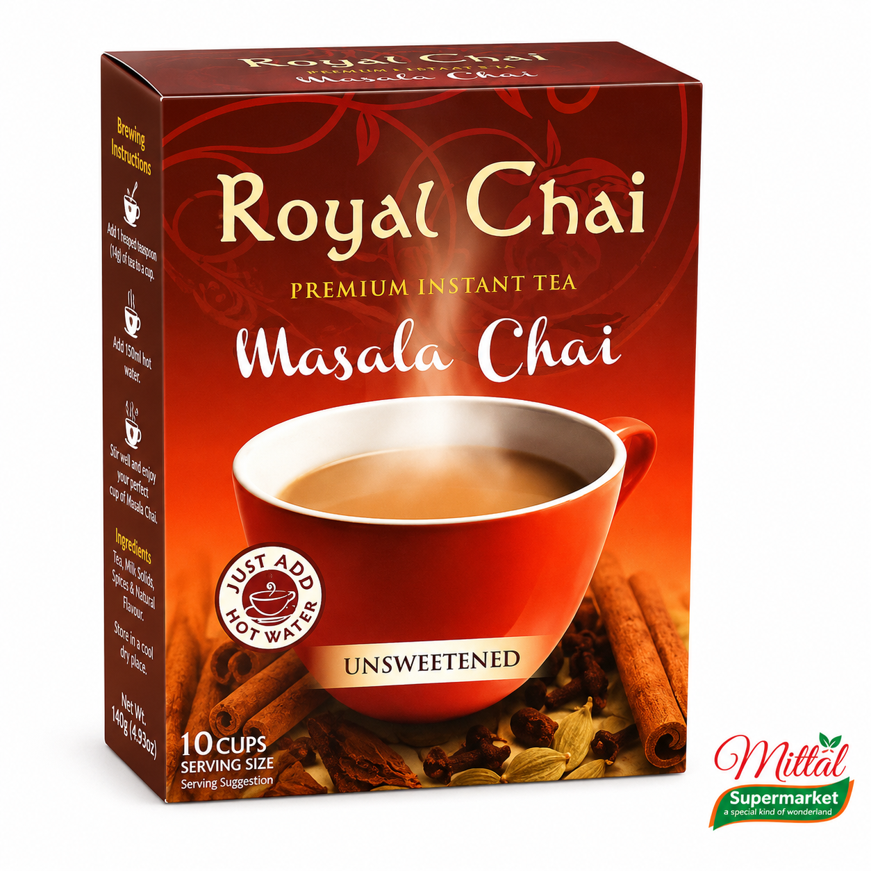 Royal Chai Masala Unsweetened, Instant Masala Chai 10 Cups