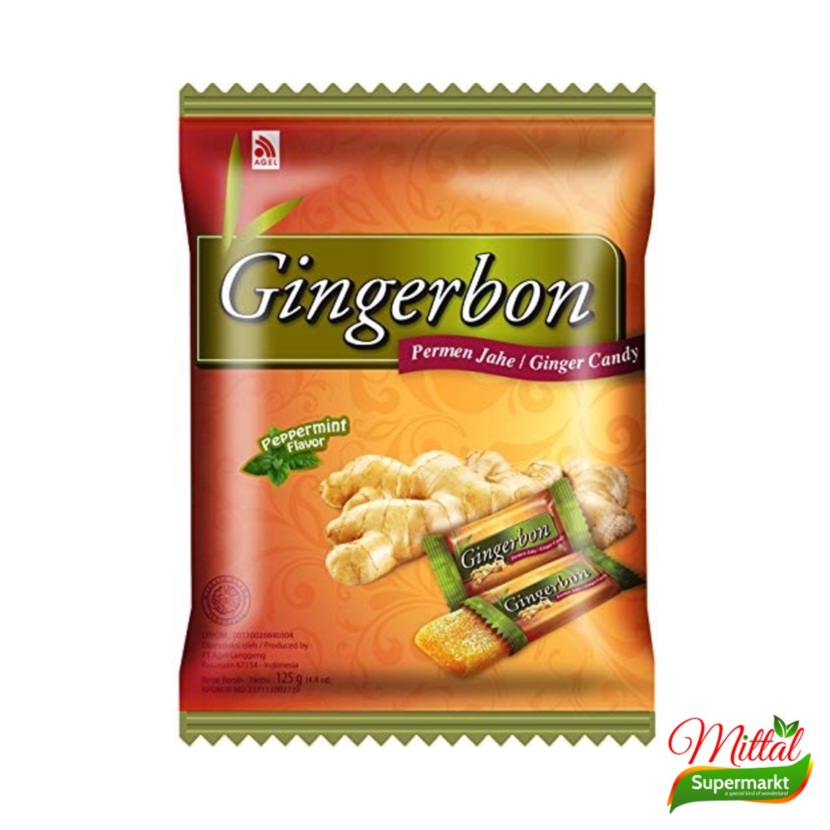 Agel Gingerbon Pepermunt 125g, Gembersnoepjes met Munt (Ginger Candy)