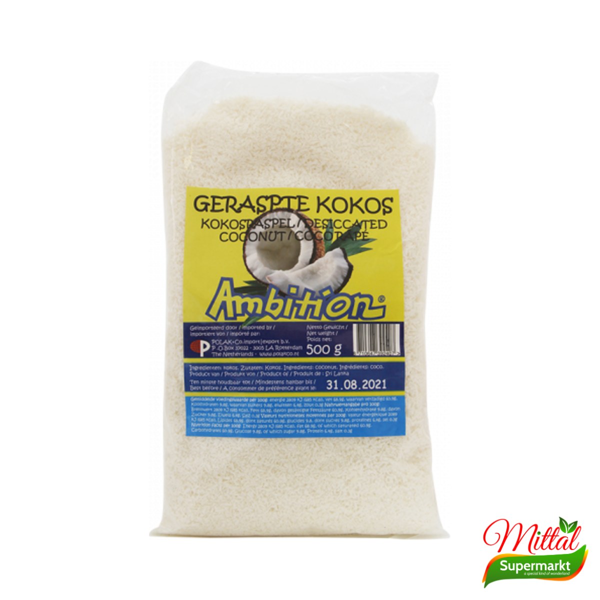 Ambition Geraspte Kokos 500g, Gedroogde Kokosrasp (Desiccated Coconut)