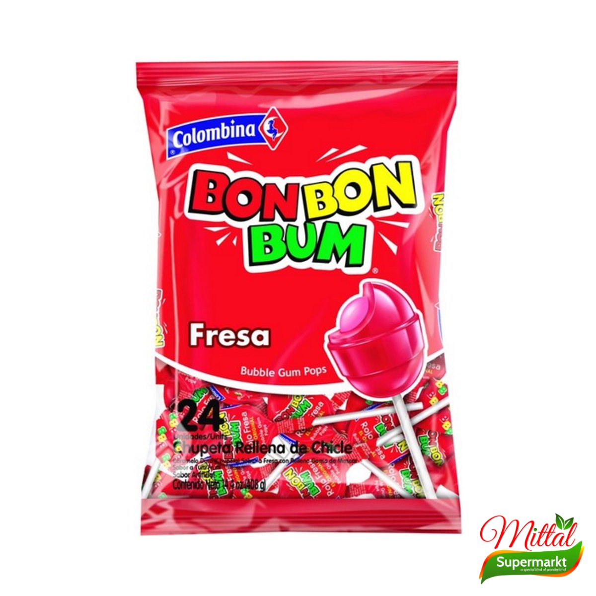 Bon Bon Bum Aardbei 408g, Lolly's met Kauwgomvulling (Strawberry Lollipops)