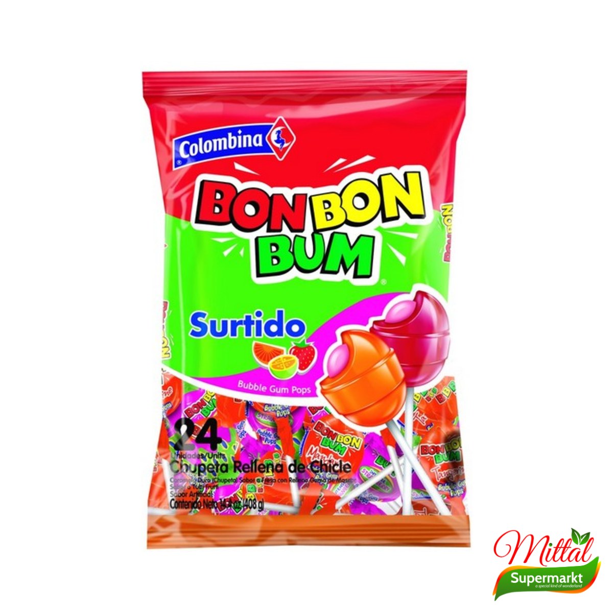 Bon Bon Bum Assorted 408g, Lolly's met Kauwgomvulling (Assorted Lollipops)