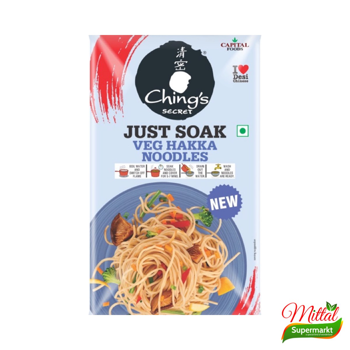 Chings Just Soak Veg Hakka Noodles, Instant Noedels zonder Koken (Hakka Noodles)