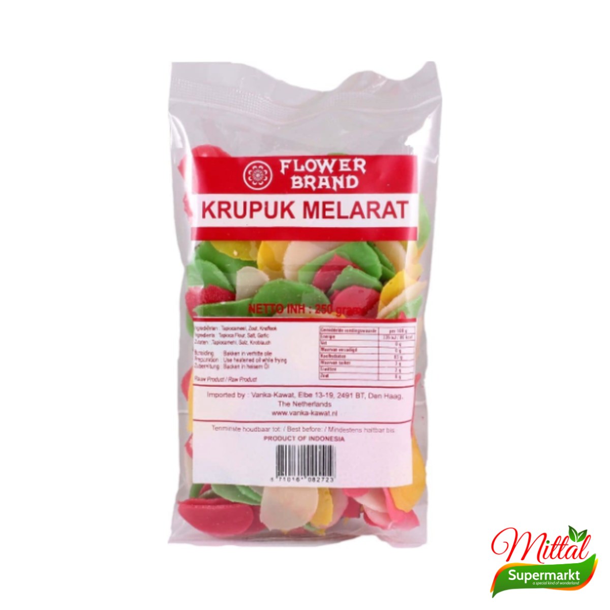 Flower Brand Krupuk Melarat 250g, Gekleurde Cassavekroepoek (Cassava Crackers)