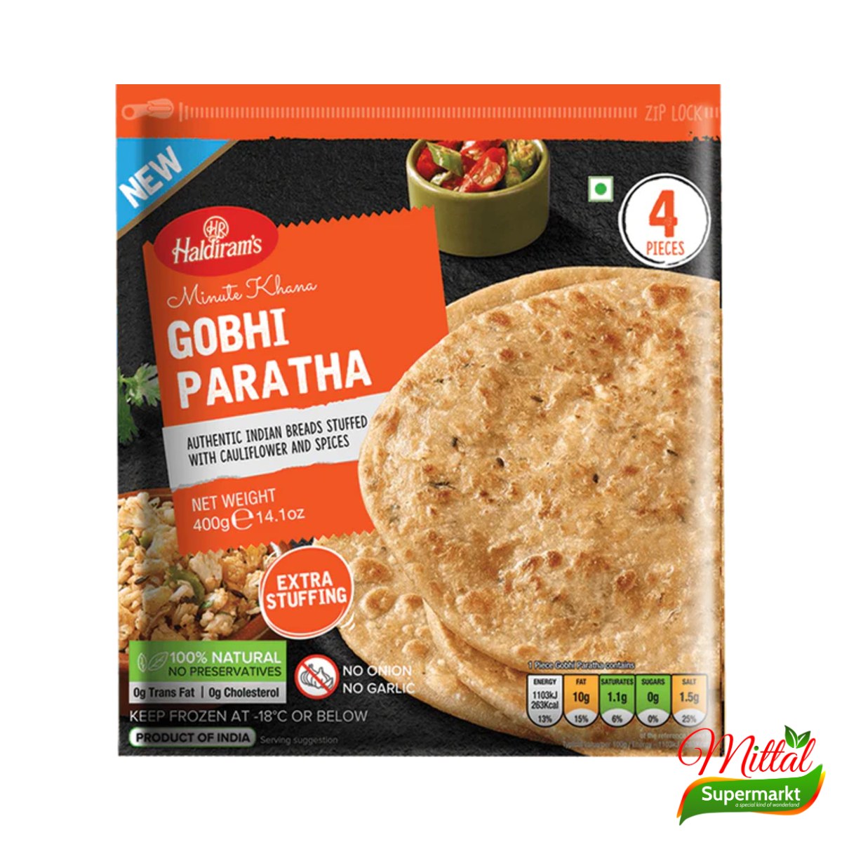 Haldiram Gobi Paratha 4 Stuks, Paratha met Bloemkool Diepvries (Cauliflower Paratha)