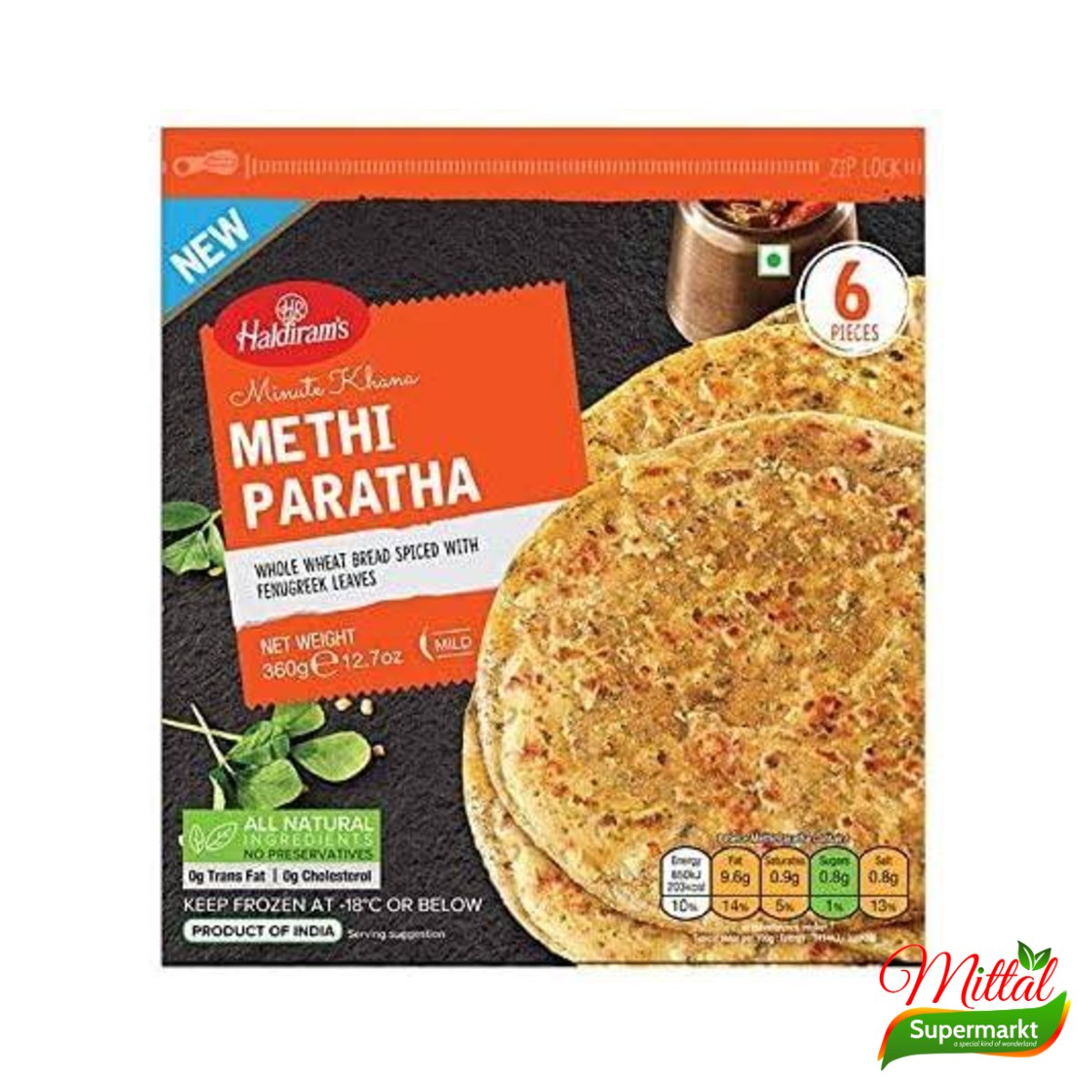 Haldiram Methi Paratha 6 Stuks, Volkoren Paratha met Fenegriek Diepvries (Methi Paratha)