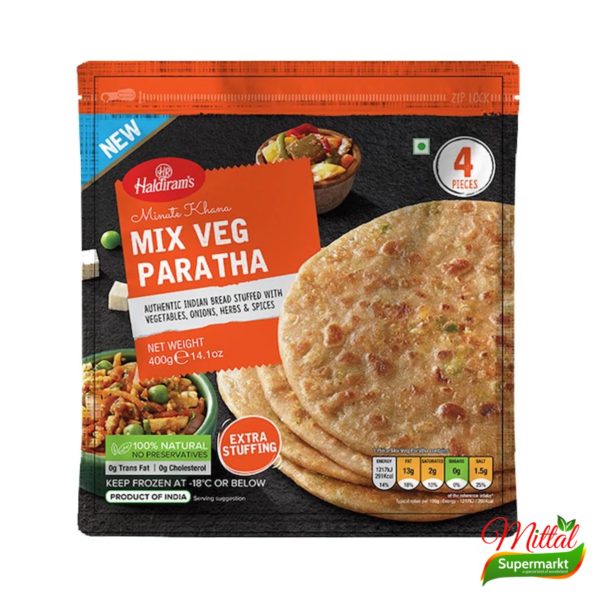Haldiram Mix Veg Paratha 4 Stuks, Paratha met Groentevulling Diepvries (Vegetable Paratha)