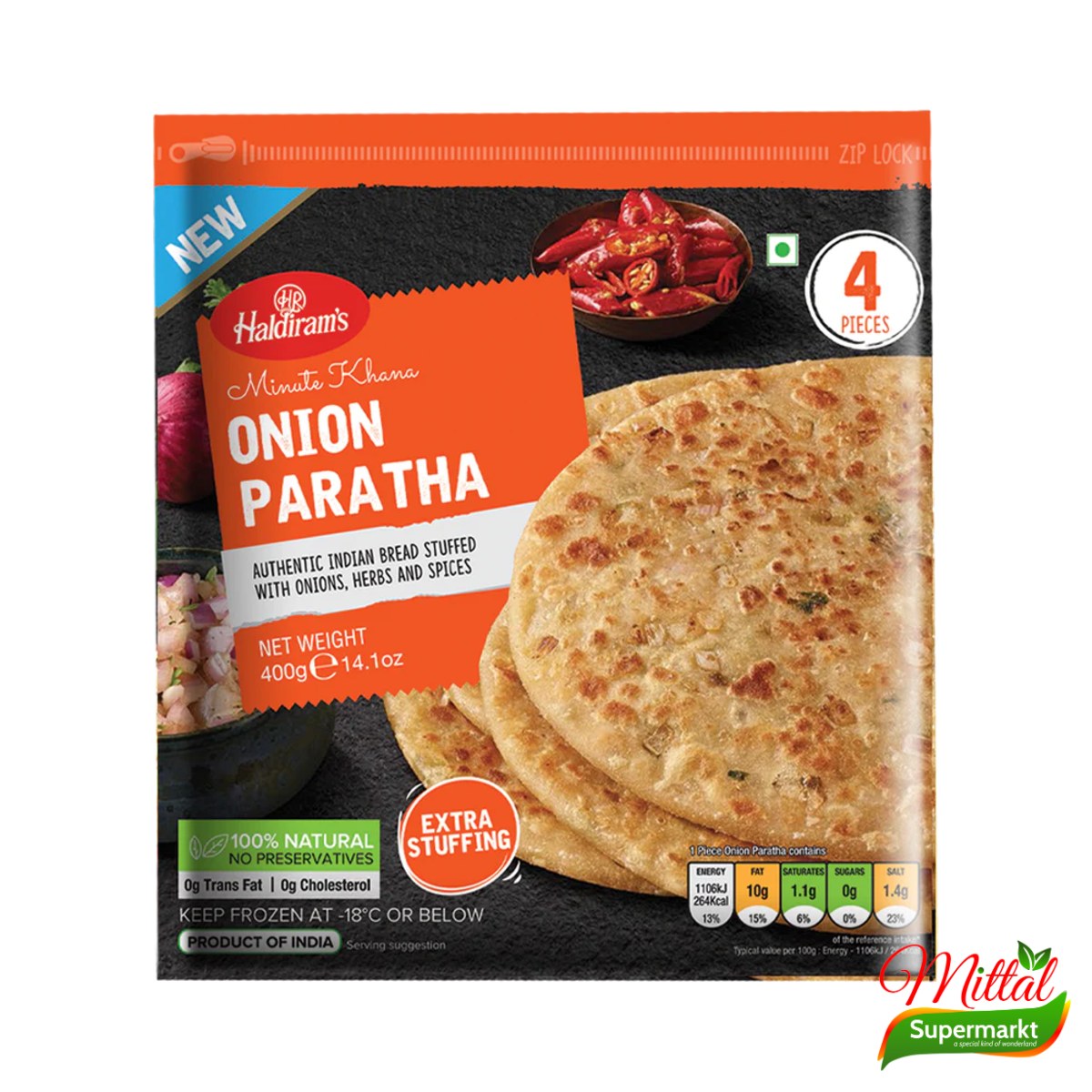 Haldiram Onion Paratha 4 Stuks, Paratha met Uienvulling Diepvries (Onion Paratha)