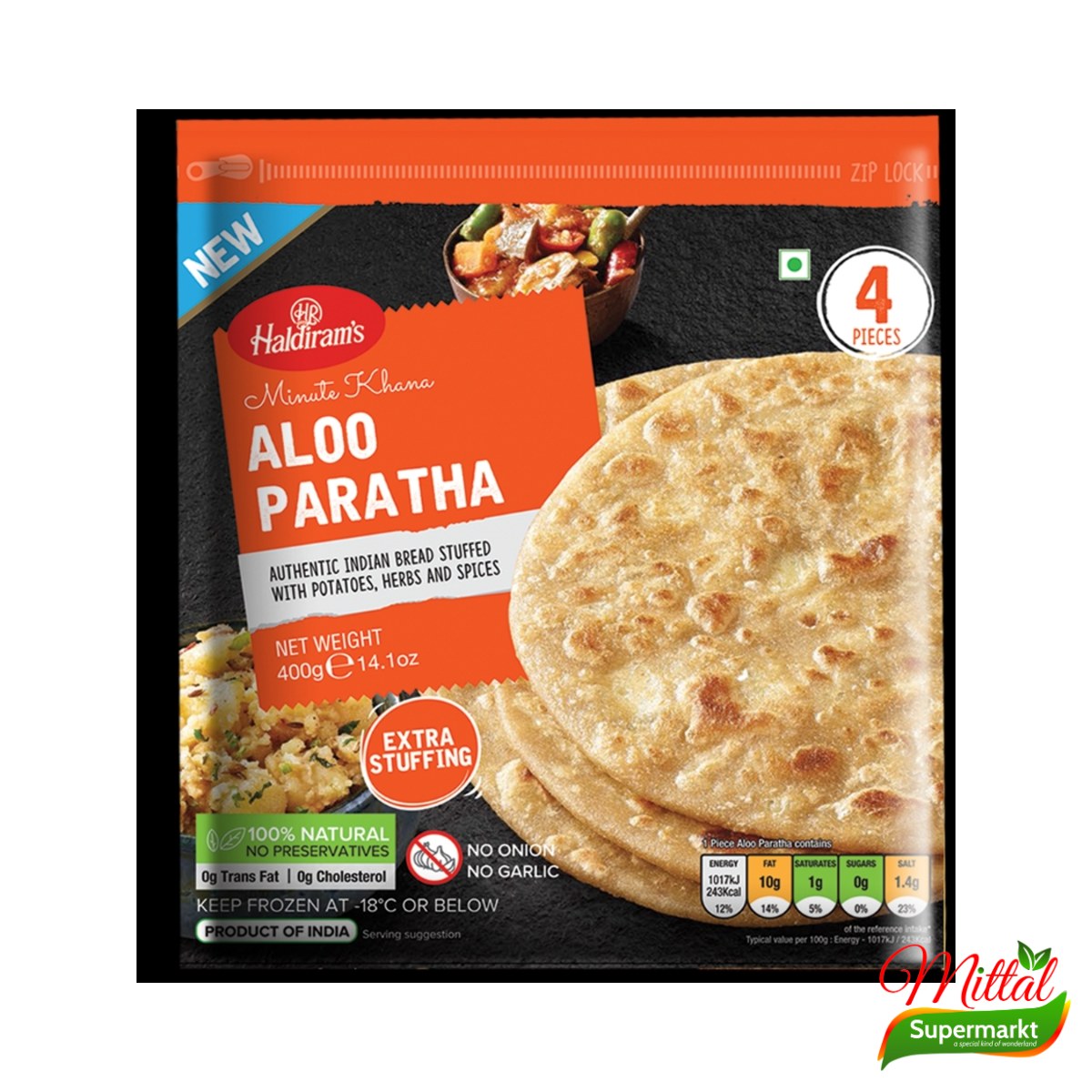 Haldiram's Aloo Paratha, Diepvries Platbrood Gevuld met Aardappel (Aloo Paratha)