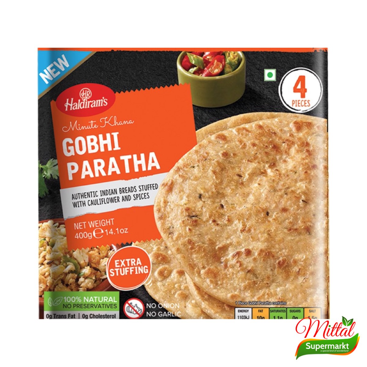 Haldiram's Gobi Paratha 400g, Diepvries Platbrood met Bloemkool (Gobi Paratha)