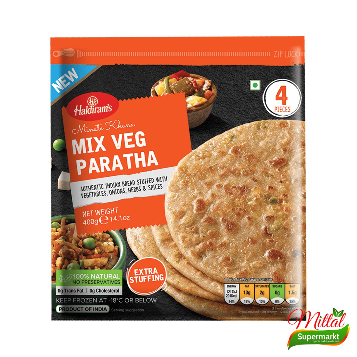 Haldiram's Mix Veg Paratha, Diepvries Platbrood met Groenten (Veg Paratha)