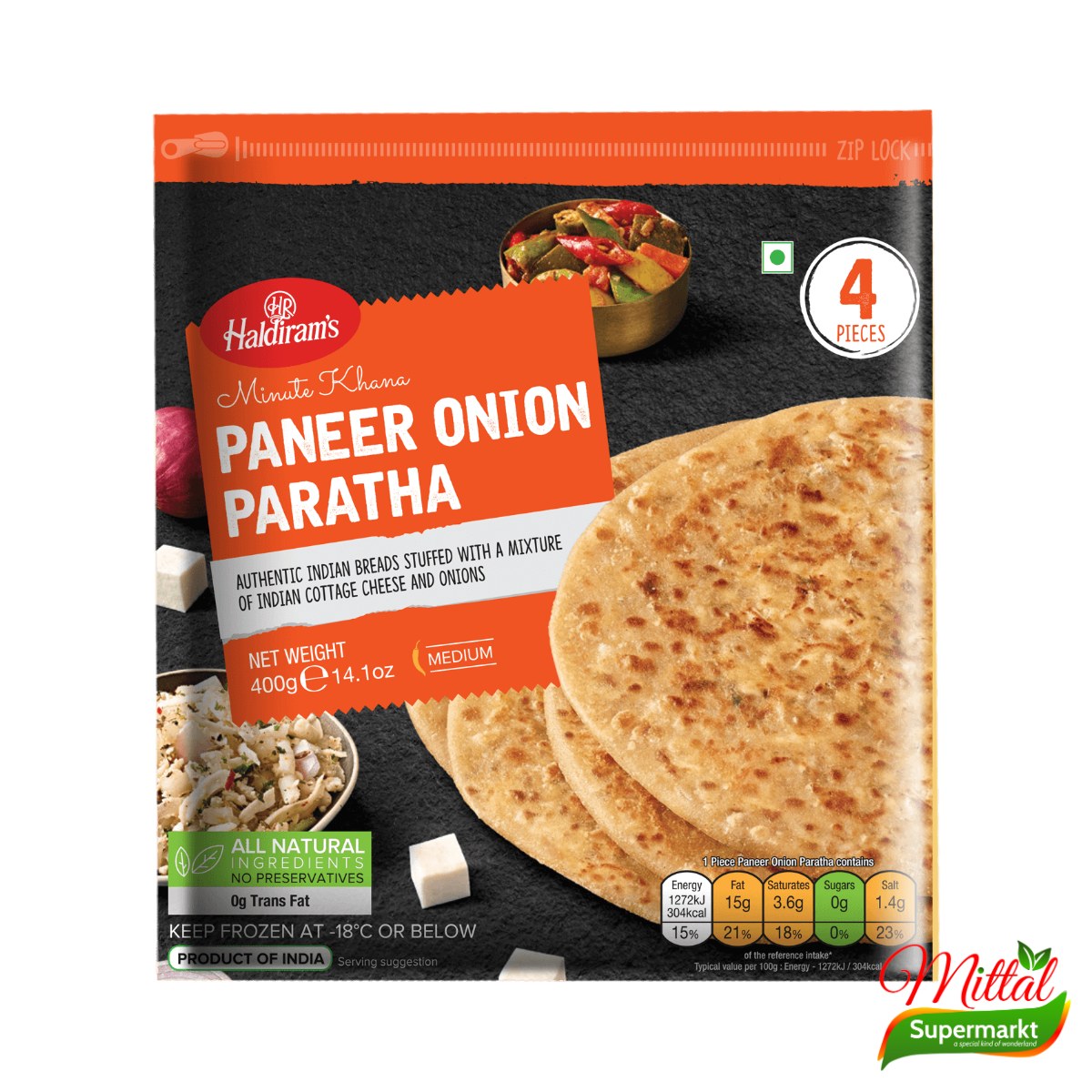 Haldiram's Paneer Onion Paratha, Diepvries Platbrood met Paneer en Ui (Paneer Paratha)