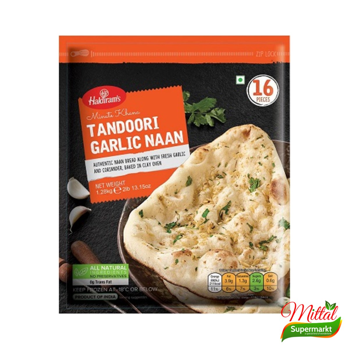 Haldiram's Tandoori Garlic Naan 16 Stuks, Diepvries Knoflooknaan Voordeelpak (Garlic Naan)