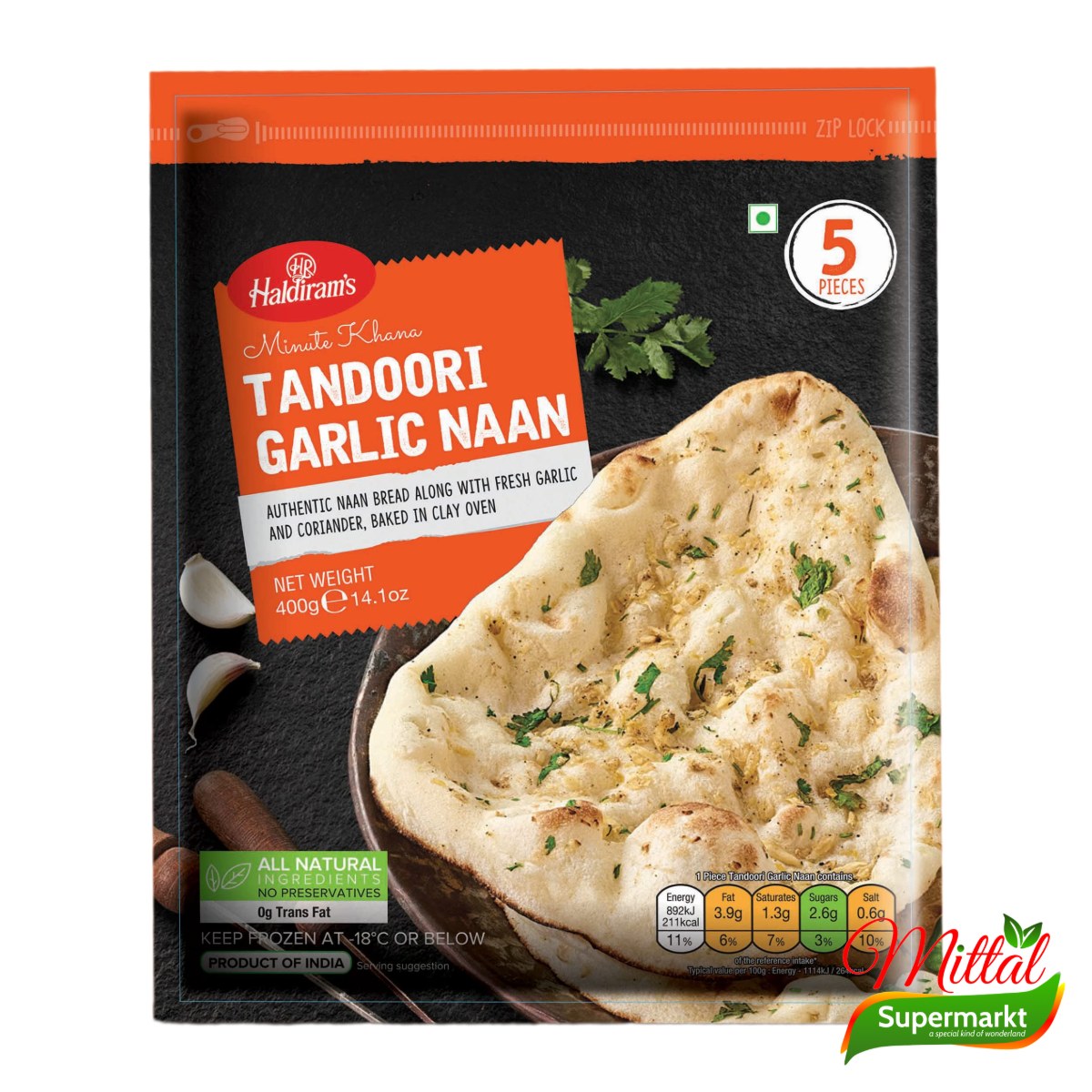 Haldiram's Tandoori Garlic Naan 400g, Diepvries Knoflooknaan (Garlic Naan) 2 haldiram's tandoori garlic naan – Haldiram's Tandoori Garlic Naan 400g
