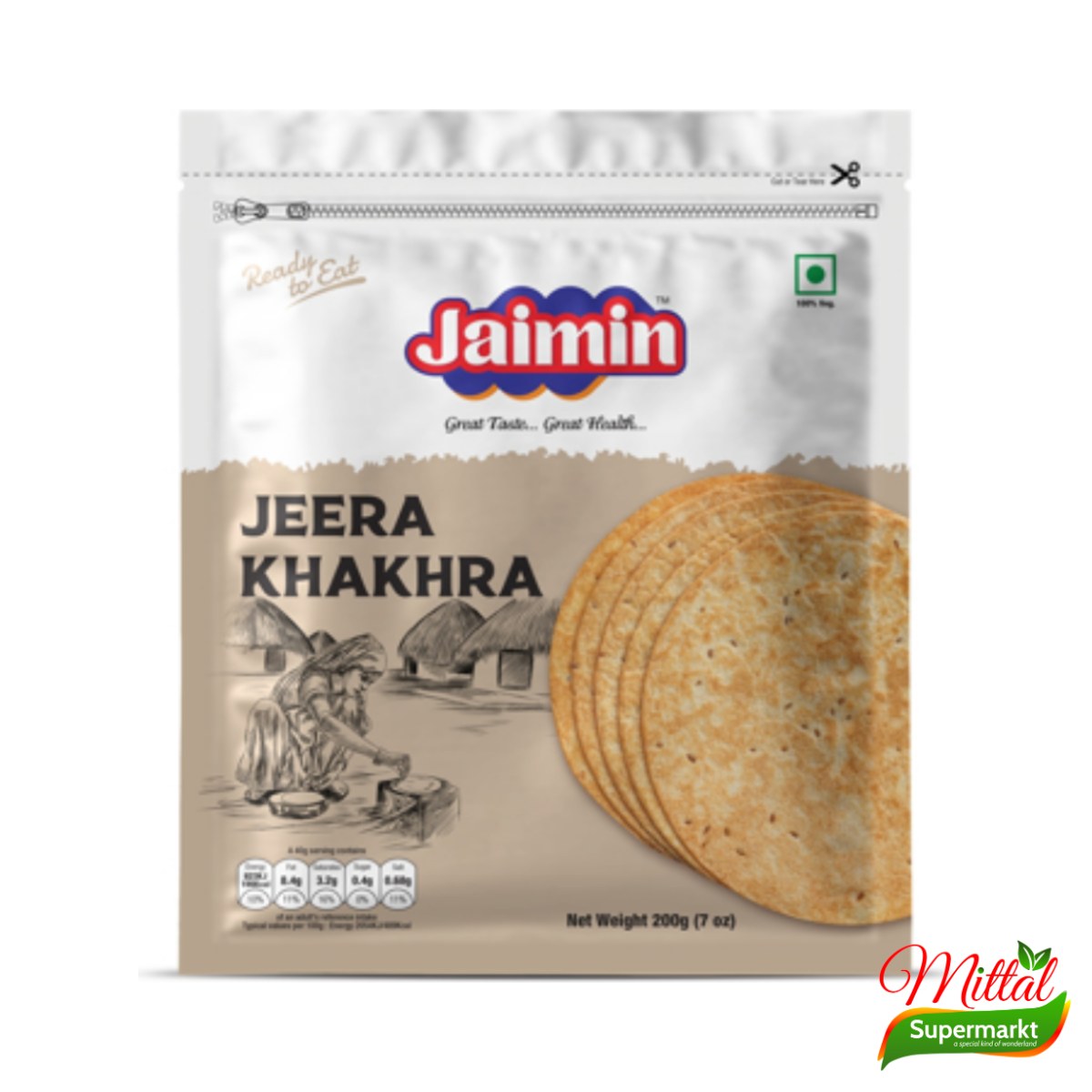 Jaimin Jeera Khakhra 200g, Krokant Platbrood met Komijn (Khakhra)