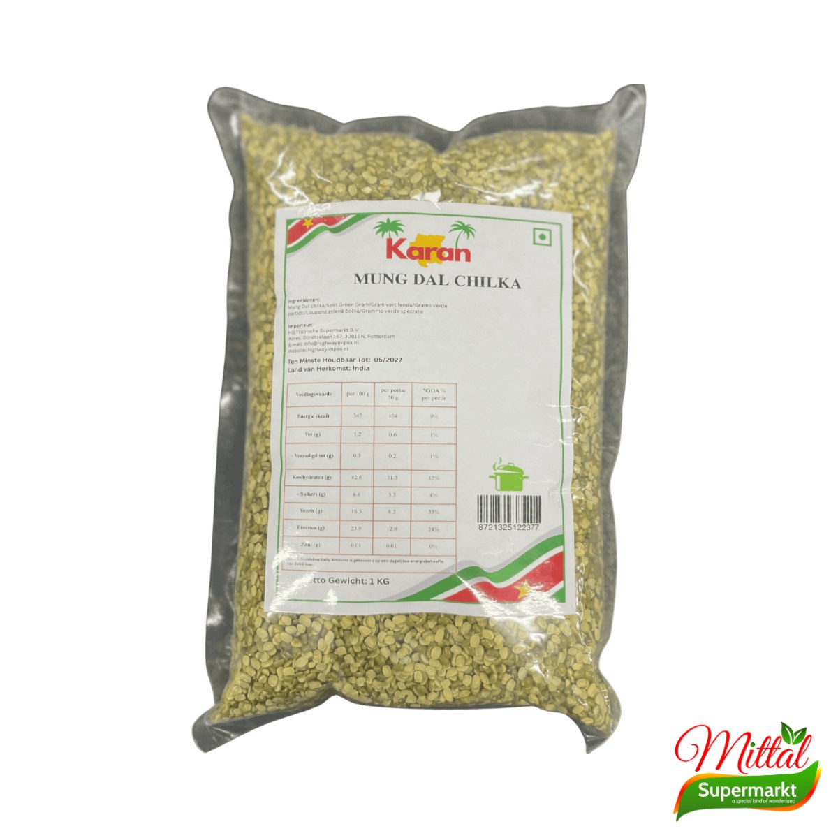 Karan Mung Dal Chilka 1kg, Gespleten Mungbonen met Schil (Split Green Mung)