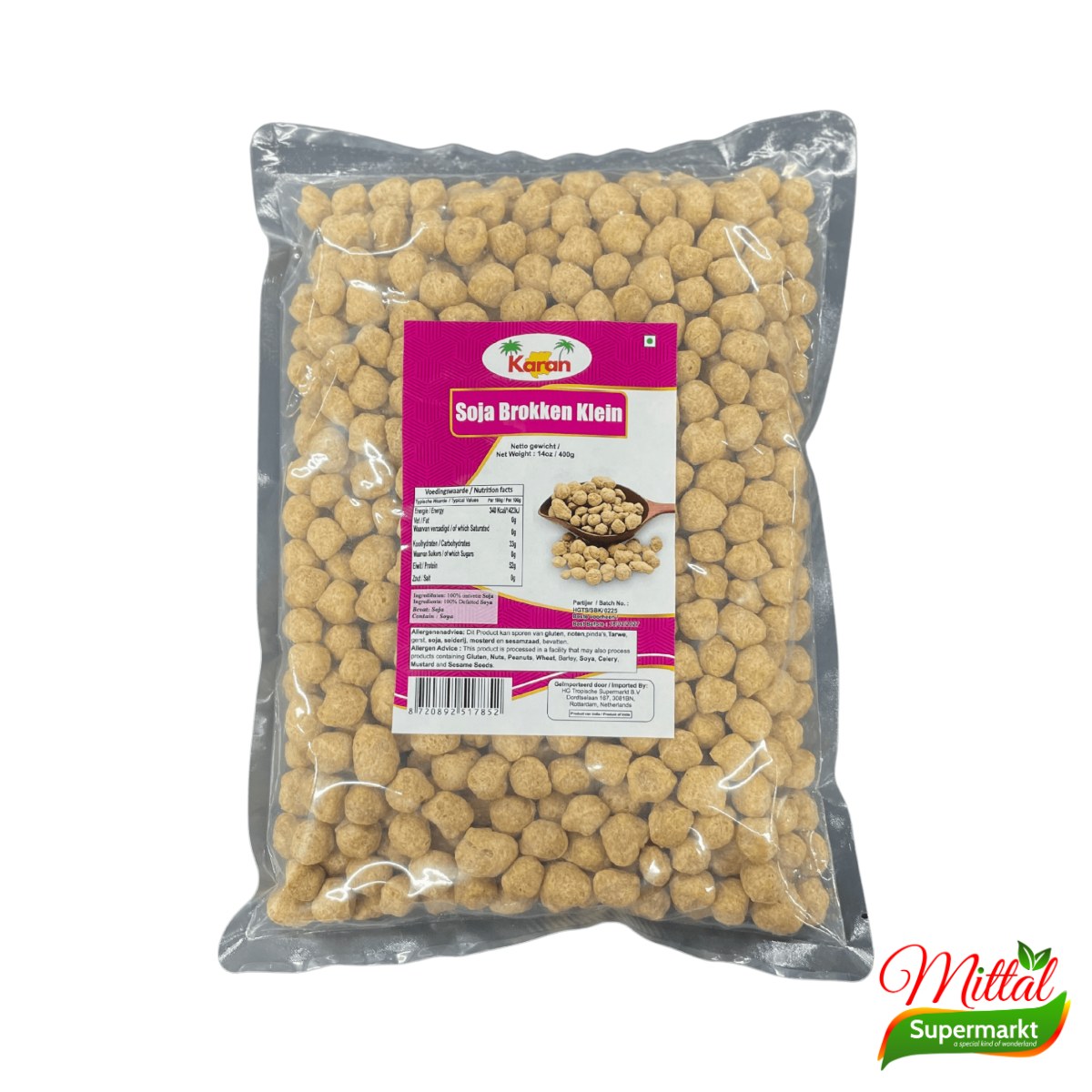 Karan Soja Brokken Klein 400g, Fijne Sojabrokken Vleesvervanger (Soya Mini Chunks)