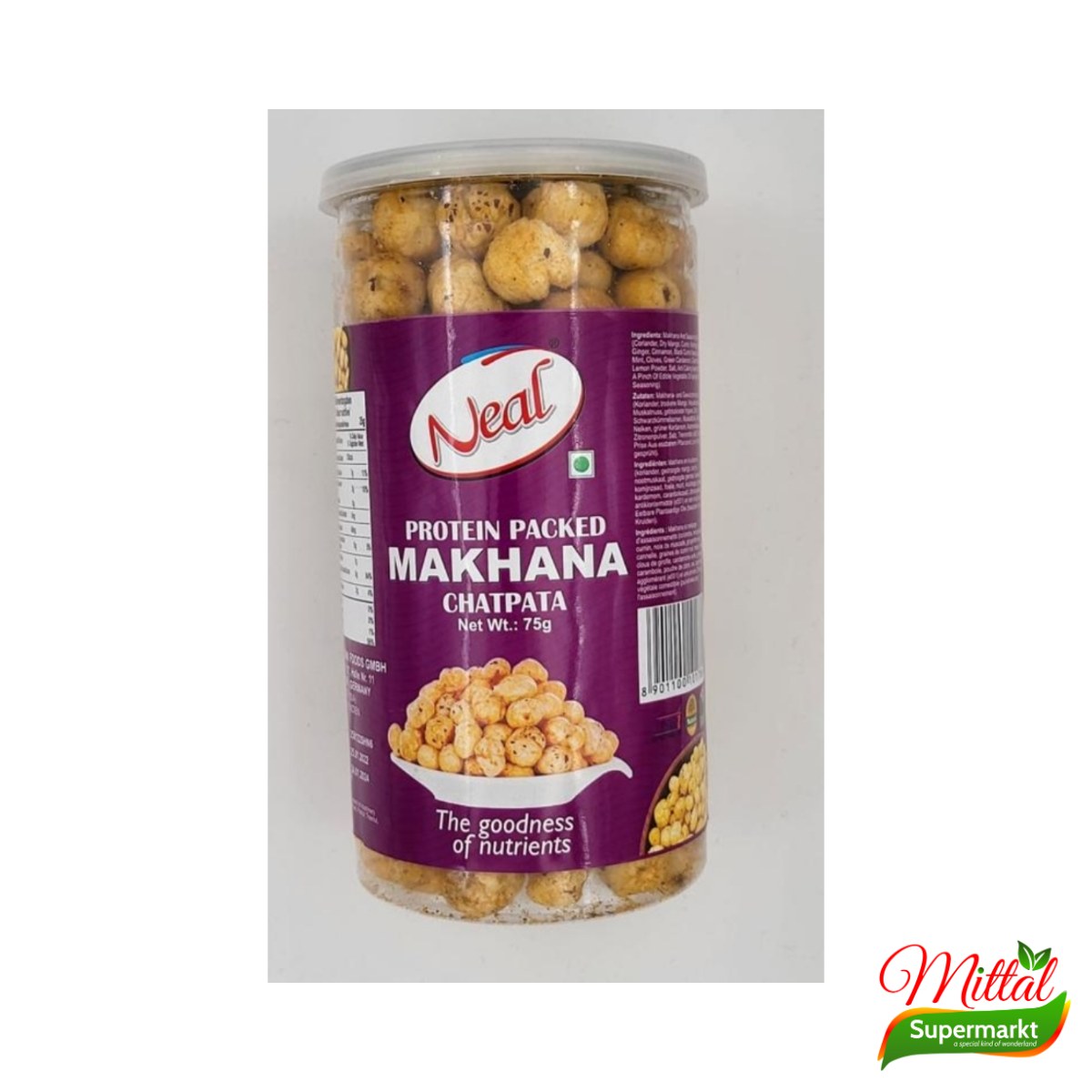 Neal Phool Makhana Chatpata 75g, Gekruide Gepofte Lotuszaden (Fox Nuts)