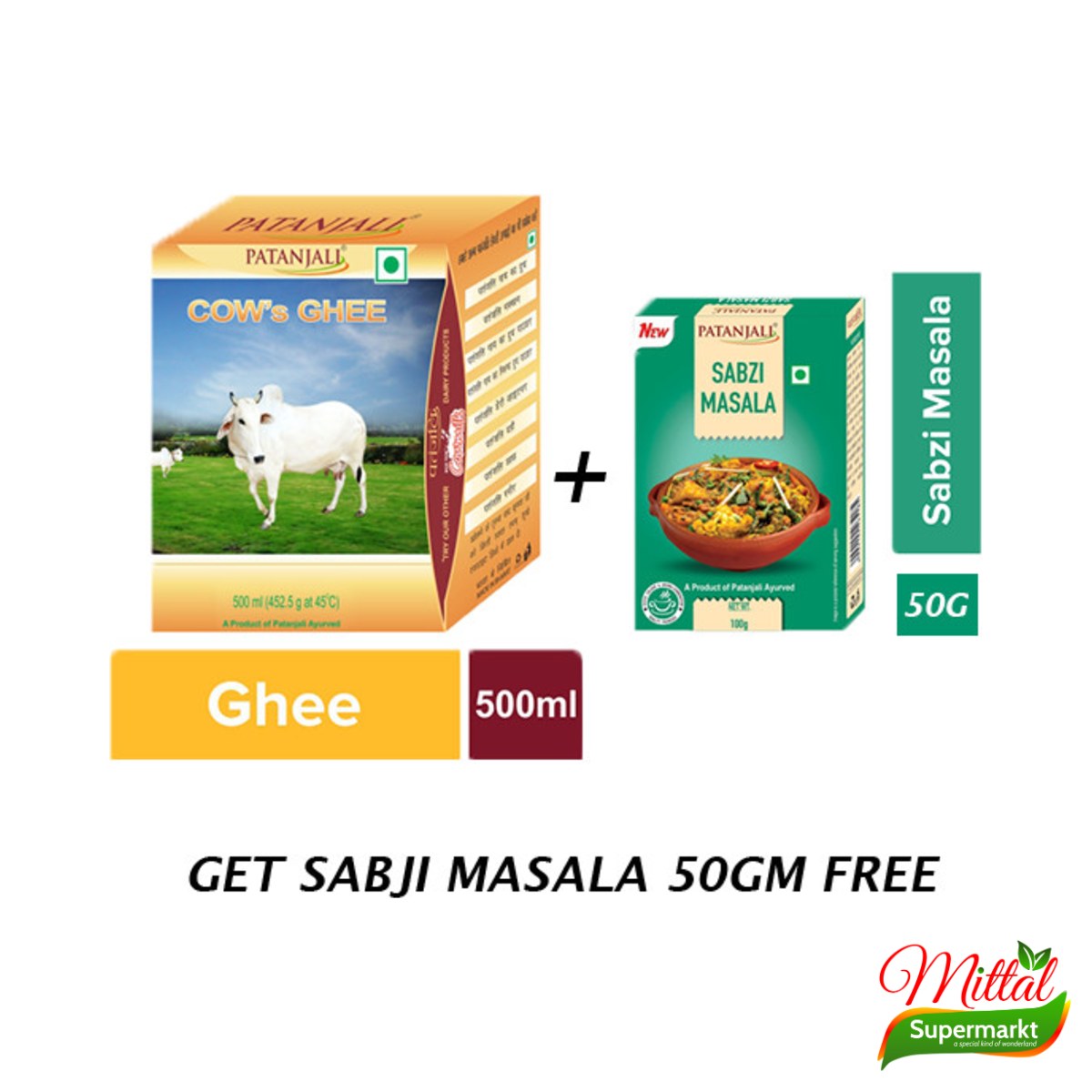 Patanjali Cow Ghee 500g met Gratis Sabzi Masala, Geklaarde Boter (Desi Ghee)