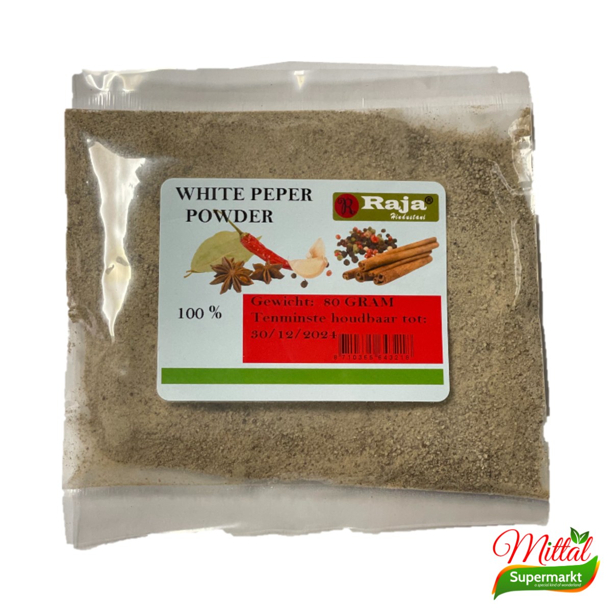 Raja Hindustani Witte Peperpoeder 80g, Fijn Gemalen Witte Peper (White Pepper Powder)