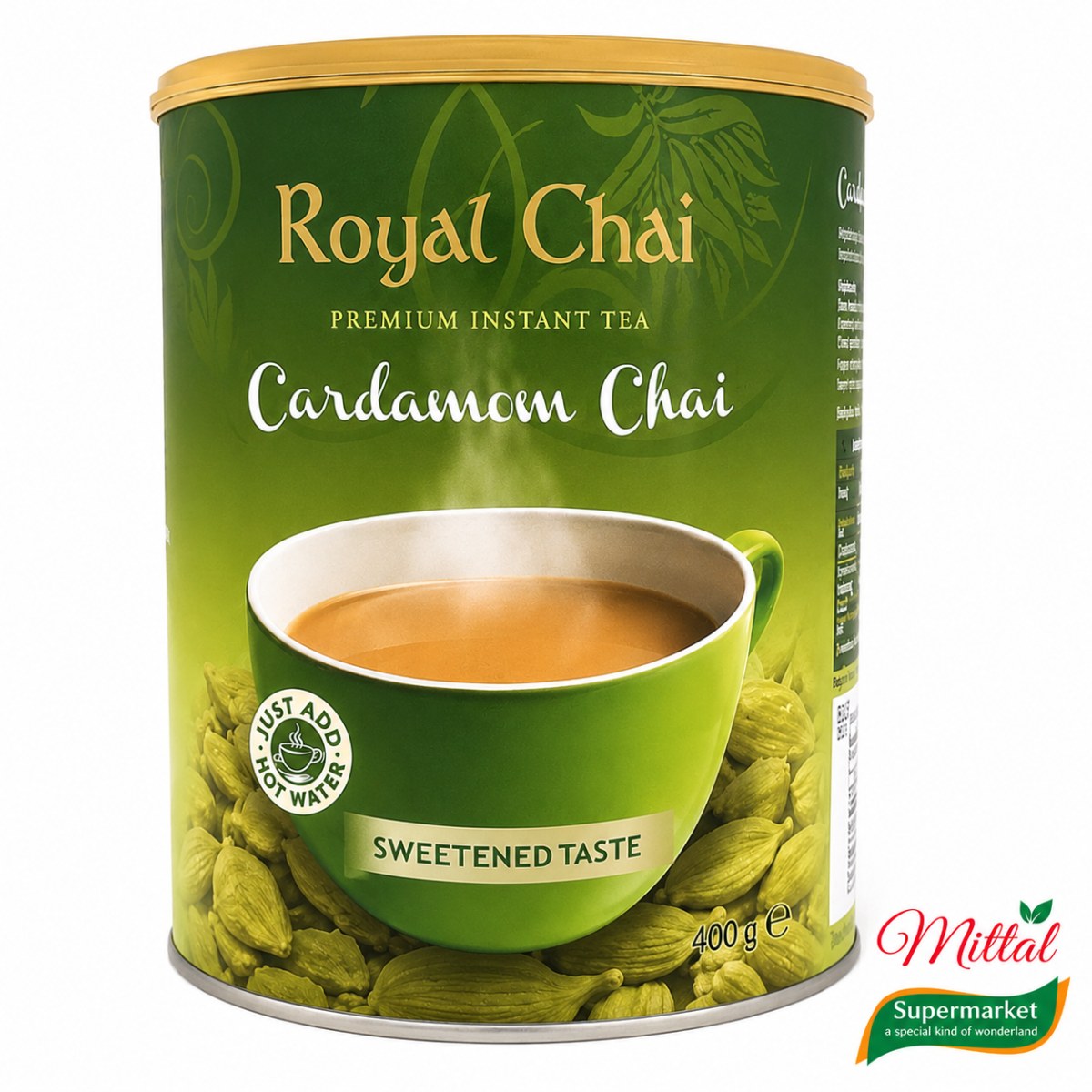 Royal Chai Elaichi Sweetened Tub 400g, Kardemom Chai Voorraadpot (Cardamom Tea)