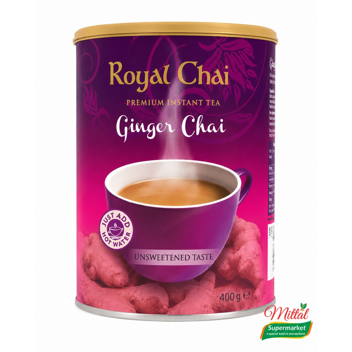 Royal Chai Ginger Unsweetened Tub 400g, Gember Chai Voorraadpot Ongezoet (Ginger Tea)