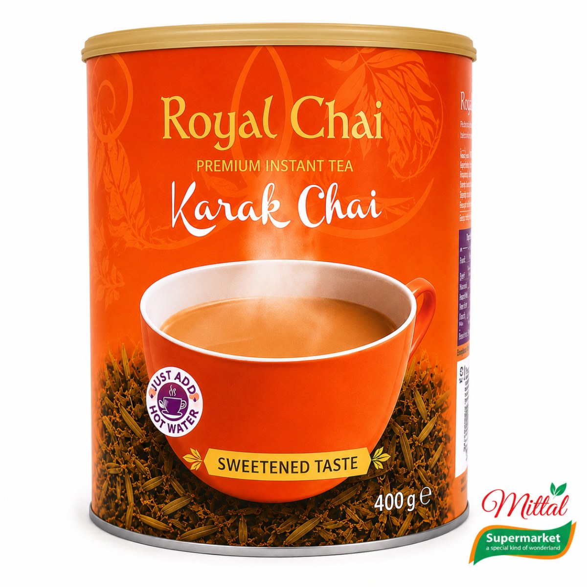 Royal Chai Karak Sweetened Tub 400g, Karak Chai Voorraadpot (Karak Tea)