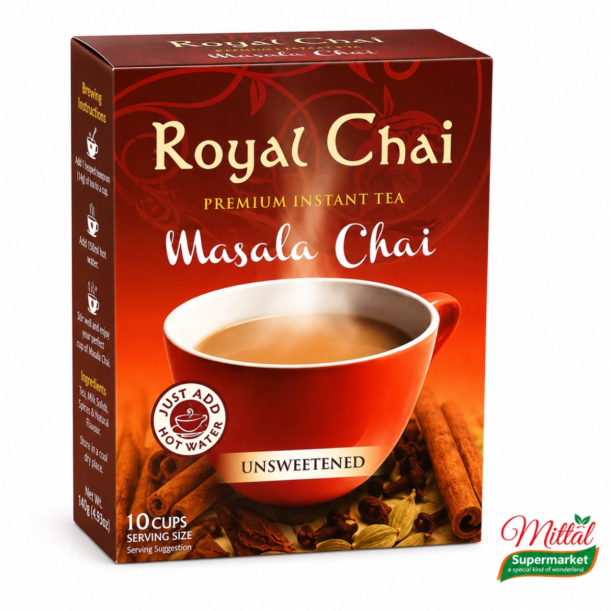 Royal Chai Masala Unsweetened 10 Cups, Instant Masala Chai Ongezoet (Masala Tea)