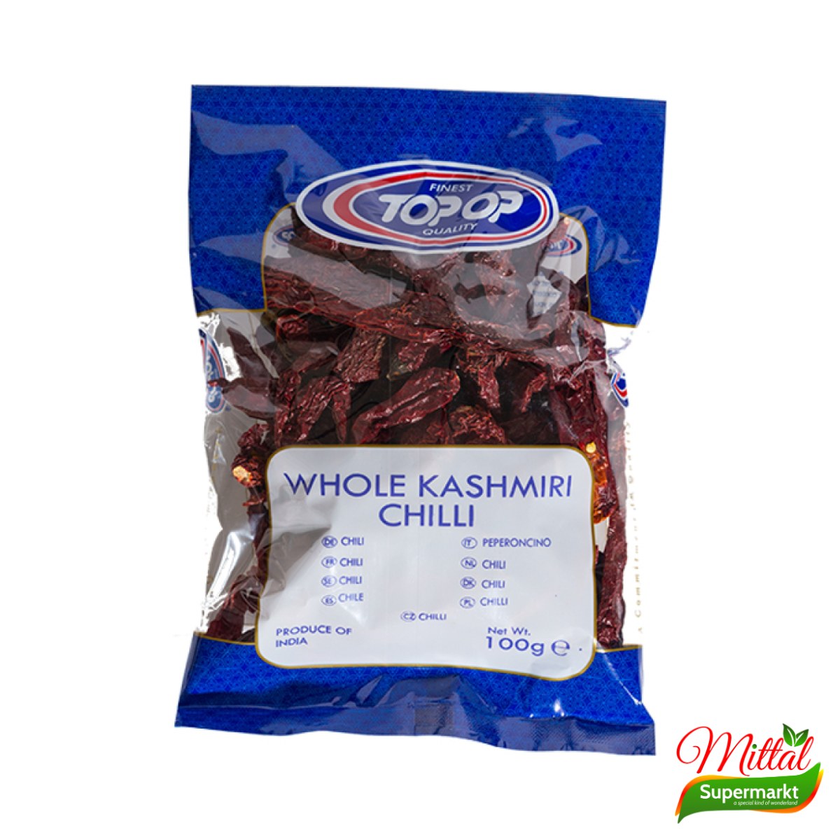 Topop Chilli Whole Dandicut 100g, Hele Gedroogde Rode Chilipepers (Sabut Lal Mirch)