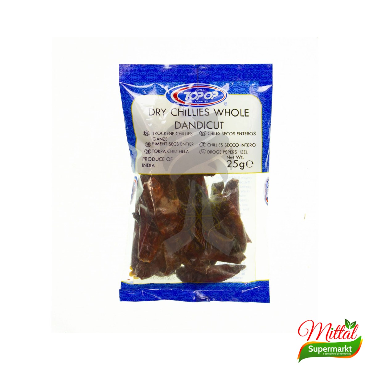 Topop Chilli Whole Dandicut 25g, Hele Gedroogde Rode Chilipepers (Sabut Lal Mirch)
