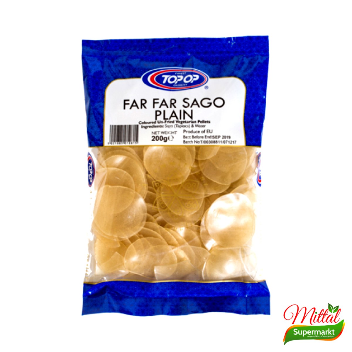 Topop Far Far Sago Plain 200g, Ongebakken Sagofryums (Fryums)