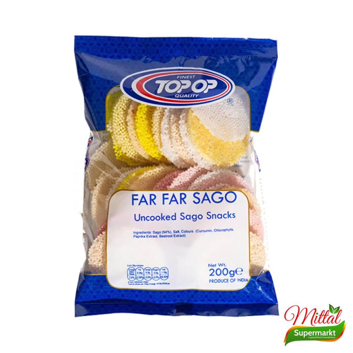 Topop Far Far Sago Rond 200g, Ongebakken Sagofryums (Fryums)