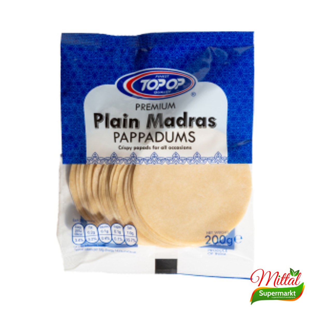 Topop Madras Papad 200g, Zuid-Indiase Papadums 6 Inch (Papad)
