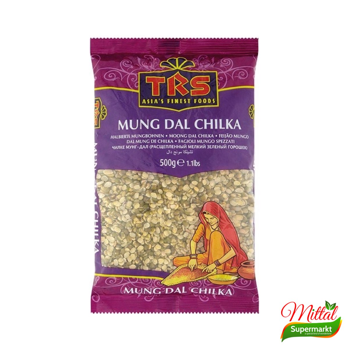 TRS Moong Chilka 500g, Gespleten Mungbonen met Schil (Split Green Mung)
