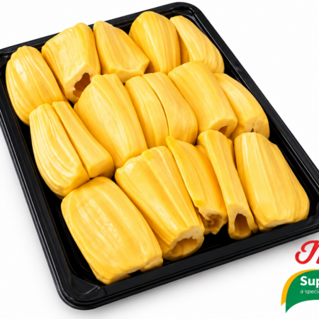 Verse geschild jackfruit (Nangka) in gele vruchtpartjes op witte achtergrond | Mittal Supermarkt