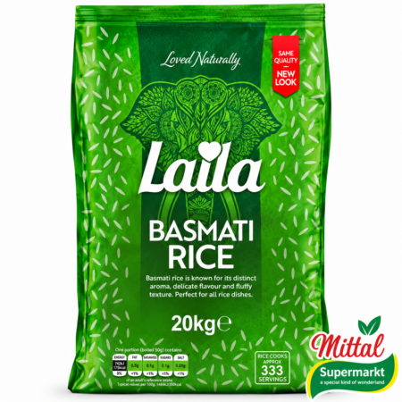Laila Basmati Rice 20kg premium basmati rijst in groene verpakking | Mittal Supermarkt